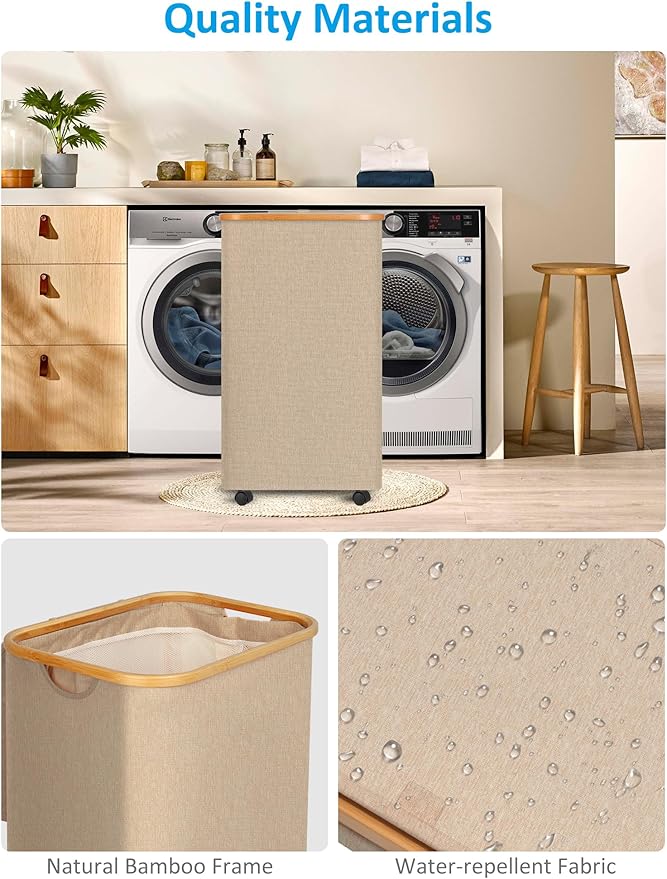efluky Laundry Basket with Wheels, Tall Rolling Laundry Hamper with Lid and Removable Bag, Aesthetic Dirty Clothes Hamper on Wheels for Laundry Room, Bedroom, Dorm and Bathroom, 100L Oatmeal
