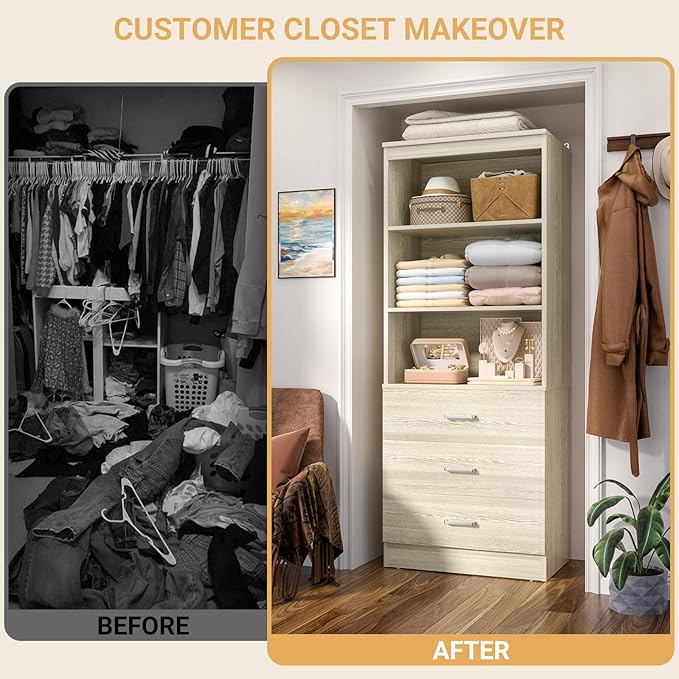 Aheaplus 23.6" Closet Drawers System, Wood Closet Organizer System with 3 Drawers, Modular Small Walk-in Closets Storage Unit, White Oak1 (23.6"L x 13.8" W x 71" H)