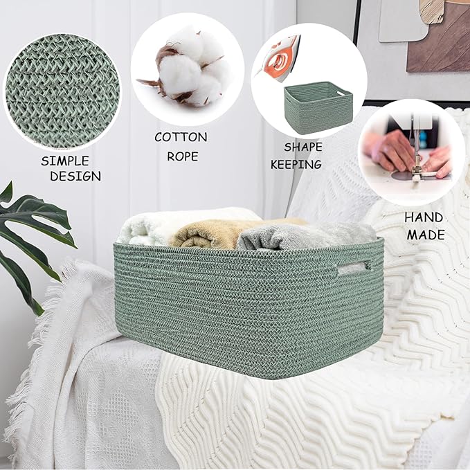 COMFY-HOMI 2 pcs Large Storage Baskets for Shelves, Laundry Basket, Woven Rope Basket, Closet Organizer Bins for Clothes Blanket Towels, Baby Nursery, Gift Toy Baskets, 17” x 13” x 7.5”-Green