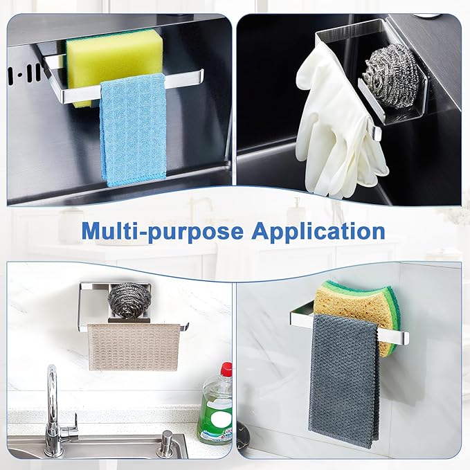 Sponge and Dish Cloth Holder for Kitchen Sink, 2 in 1 Adhesive Sink Dish Sponge Holder, Sinks Caddy Organizer Rack for Storage Sponges Scrubber Glove and Brush, Silver