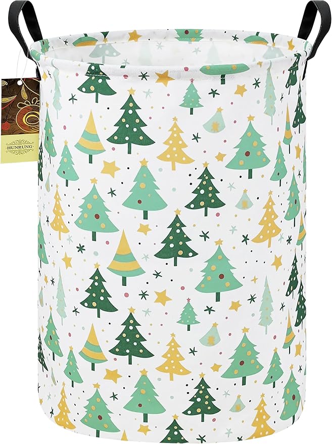 HUNRUNG Laundry Hamper,Large Canvas Fabric Lightweight Storage Basket Toy Organizer Dirty Clothes Collapsible Waterproof for College Dorms（Round-Green tree）