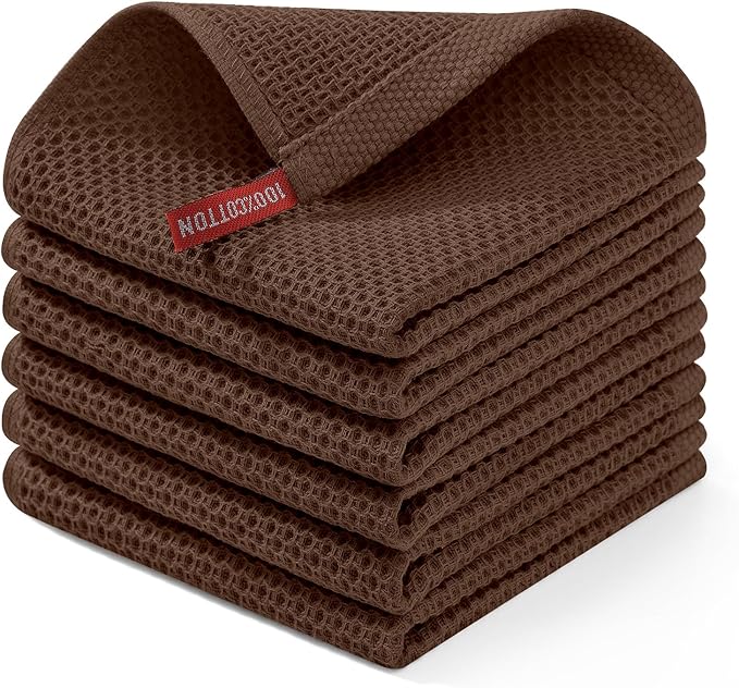 Homaxy 100% Cotton Waffle Weave Kitchen Dish Cloths, Ultra Soft Absorbent Quick Drying Dish Towels, 12 x 12 Inches, 6-Pack, Coffee