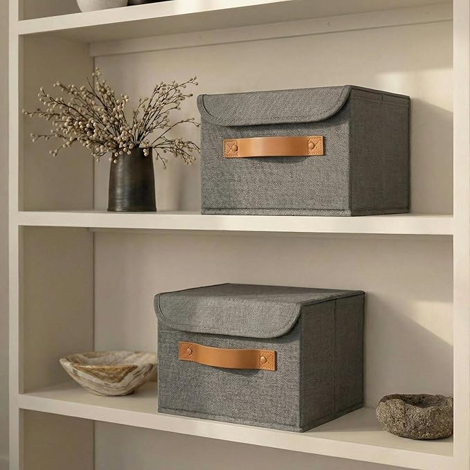 Decorative Linen Storage Boxes with Lids - Spacious Set of 2 Organizer Bins for Your Home Decor - The Perfect Small Container to Safely Store Photos, Documents and Memory Box Keepsakes in Style