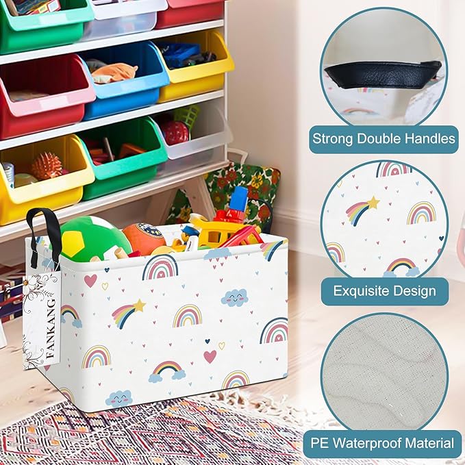 FANKANG Storage Bins, Nursery Hamper Canvas Laundry Basket Foldable with Waterproof PE Coating Large Storage Baskets for Kids Boys and Girls, Office, Bedroom, Clothes,Toys(Rec-Love Rainbow）
