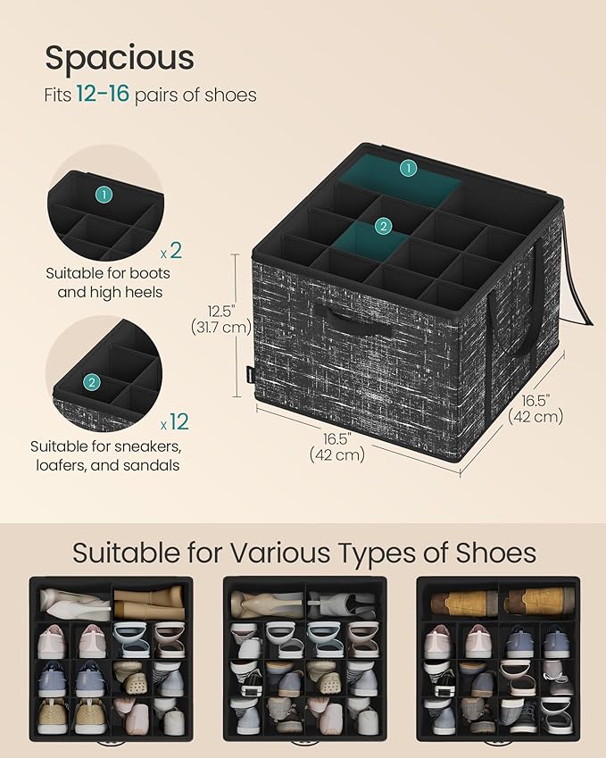 SONGMICS Set of 2 Shoe Organizers for Closet, Fits up to 16 Pairs Each, Shoe Boxes, Fabric Storage Cube with Handles and Transparent Lid, Space-Saving for Bedroom, Entryway, Ink Black ULSP602B01