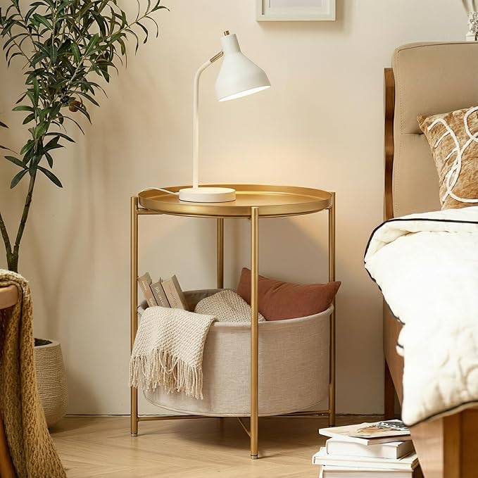danpinera Round Side Table with Fabric Storage Basket, Metal Side Small Bedside Table Nightstand with Removable Tray Top for Living Room, Bedroom, Nursery, Bathroom, Gold