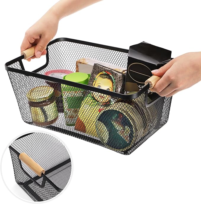 3 Pack Metal Mesh Basket with Wooden Handle, Farmhouse Wire Steel Storage Bins, Rectangle Fruit Vegetable Organizer Containers for Home Cabinet Pantry Kitchen Decor, Snack Gift (Black, 3 Size)