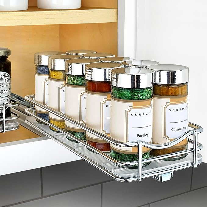 LYNK PROFESSIONAL® Pull Out Spice Rack Organizer for Inside Kitchen Cabinets - 4-3/8 inch Wide - Slide Out Drawer – Chrome Sliding Spice Organization for cabinet - Spice Racks - 1 Tier