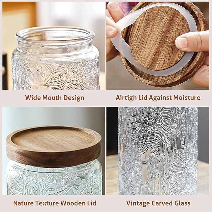 24 OZ Airtight Glass Storage Jar with Bamboo Lid - Vintage Glass Jar Vintage Food Containers Canisters Set for Kitchen Counter & Pantry - Ideal for Sugar, Flour, Coffee, Tea, Candy, Oats, Cereal