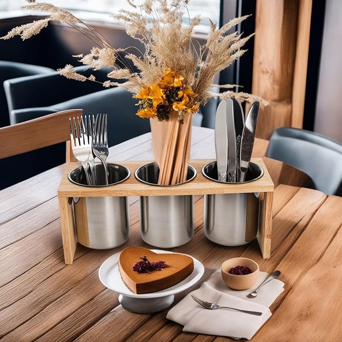 ZOOFOX 3 Pack Silverware Holder, Stainless Steel Utensil Organizer with Wood Base, Flatware Caddy for Spoons, Knives and Forks, Great for Kitchen Table, Cabinet, Pantry