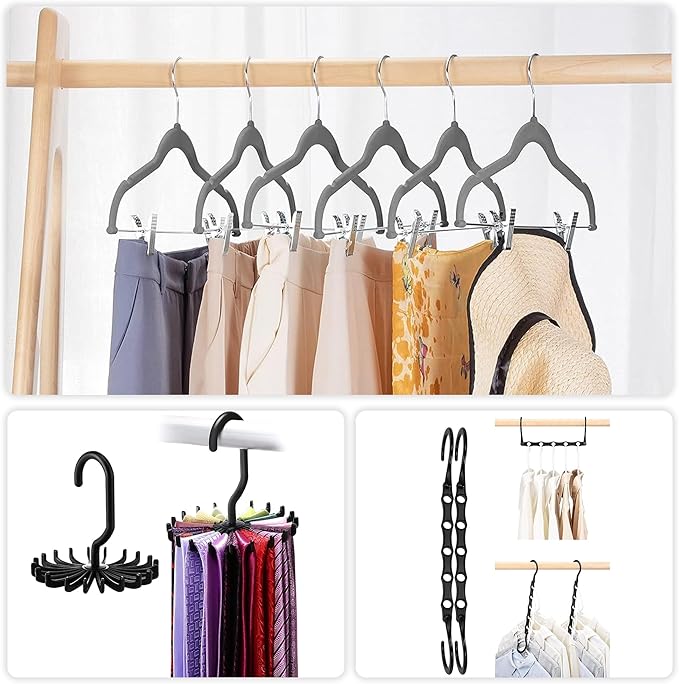 VECELO 40 Pack Velvet Clothes Hangers with Adjustable Clips,Heavy-Duty Non Slip & Space-Saving with 1 Magic Hangers & 2 Tie Rack for Suit Coat Pants Skirt Dresses