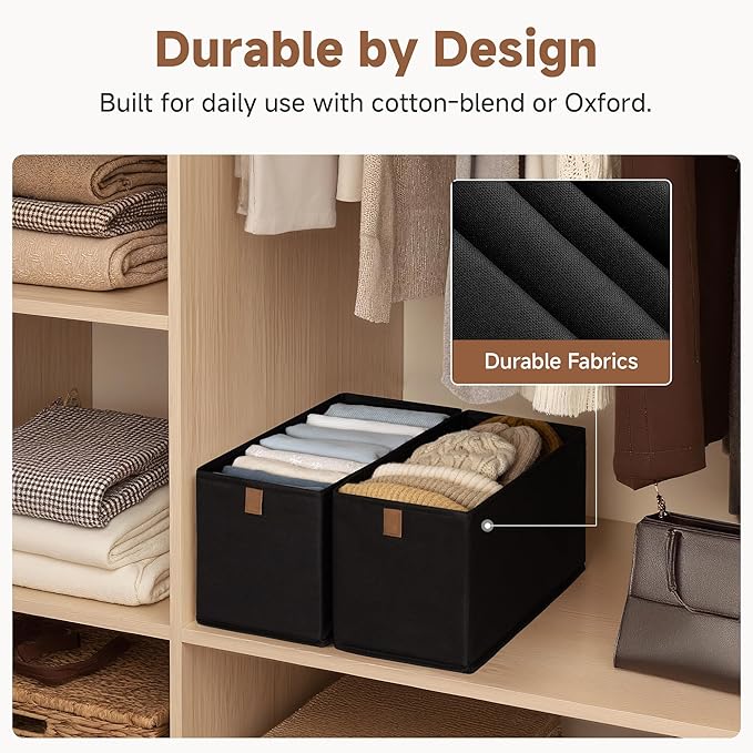 StorageWorks Narrow Baskets for Storage, Fabric Storage Bins, Small Baskets for Organizing with PU Handle, Great for Clothes, Books, and Laundry Items, Black, 2-Pack
