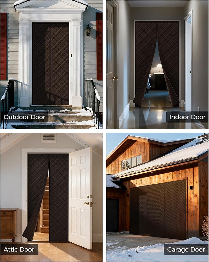 Magnetic Thermal Insulated Door Curtain Fits Door Size 38 x 83 Inch, Insulation Cover for Cold, Oxford Cloth Thicken Cotton Filled Blanket for Front Back Attic Door in Winter, Brown