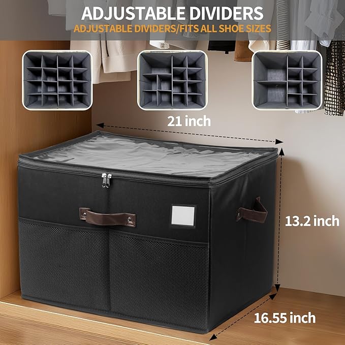 Shoe Storage Organizer for Closet Fits 16 Pairs, 1 Pack Shoes Boxes with Transparent Cover and Sturdy Handles, Shoe Storage Box for Sneakers Sandals Slippers, Boots,Black,Gift for women,mom