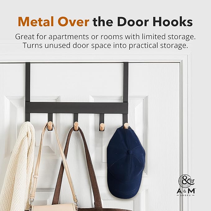 A&M Shops Over The Door Hanger - Heavy Duty Metal Door Hanger with Lotus Wood Tip for Bathroom & Bedroom - Coat Rack Organizer with 5 Stylish Towel Hooks for Door, Clothes & Bags - Black - Pack of 2