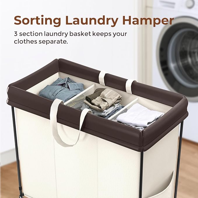 320L Laundry Hamper with Wheels, 3 Section Large Rolling Laundry Basket Bag with Wheels, Clothes Hamper Cart for Laundry, Bedroom, Bathroom and Dorm