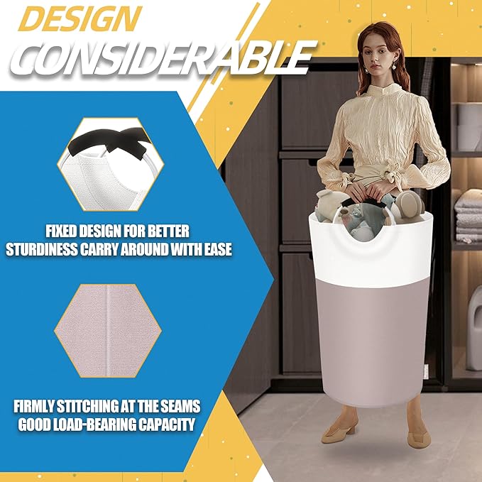 125L Laundry Basket, Collapsible Laundry Hamper with Padded Handles, Waterproof Laundry Bag, Tall Clothes Hamper Stand Up Well, Foldable Laundry Baskets for Easy Storage(Khaki)