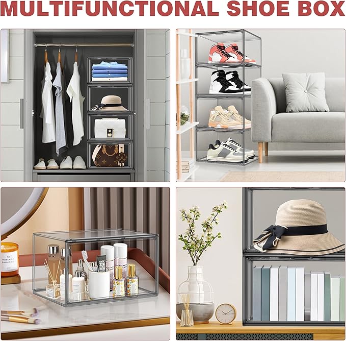 EDS FAM 4 Pack Grey Large Shoe Storage Boxes Clear Plastic Stackable Shoe Display Case with Magnetic Door, Easy Assembly Fit up to US Size 13