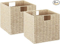 Vagusicc Wicker Storage Basket, Set of 2 Hand-Woven Storage Baskets for Shelves with Handles, Foldable Cube Storage Baskets Bins Organizer, 9 inch Wicker Baskets for Pantry Bedroom Decor, Beige