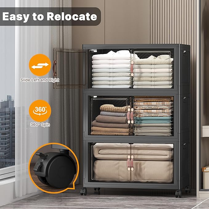 Extra Large Stackable Storage Bins with Lids & Wheels & Door,Foldable Collapsible Closet Organizers, Plastic containers drawers for bedroom Dorm (Dark-112QT, 3Pack with 1 top lid)