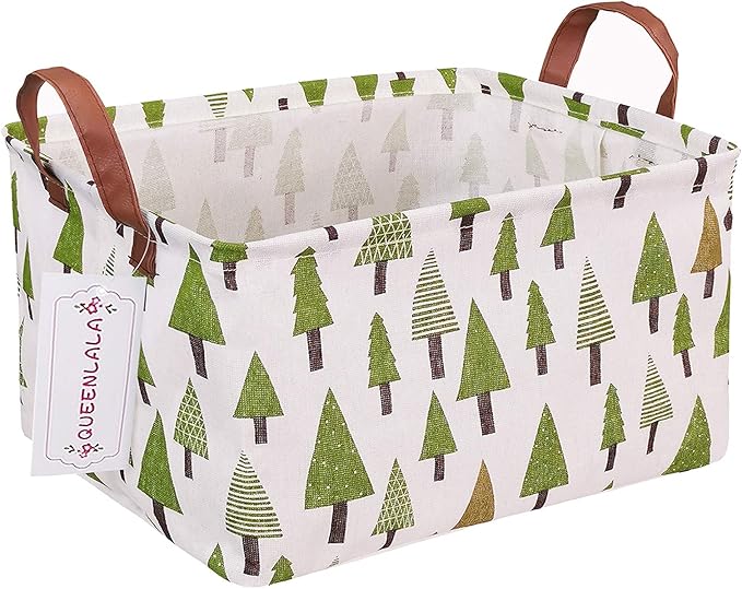 QUEENLALA Rectangular Laundry Hamper/Foldable Nursery Laundry Basket for Organizing/Storage Bin Baskets/Children Toy Office Bedroom/Toy Bin Closet Shelf Baskets（Rec-Green forest）