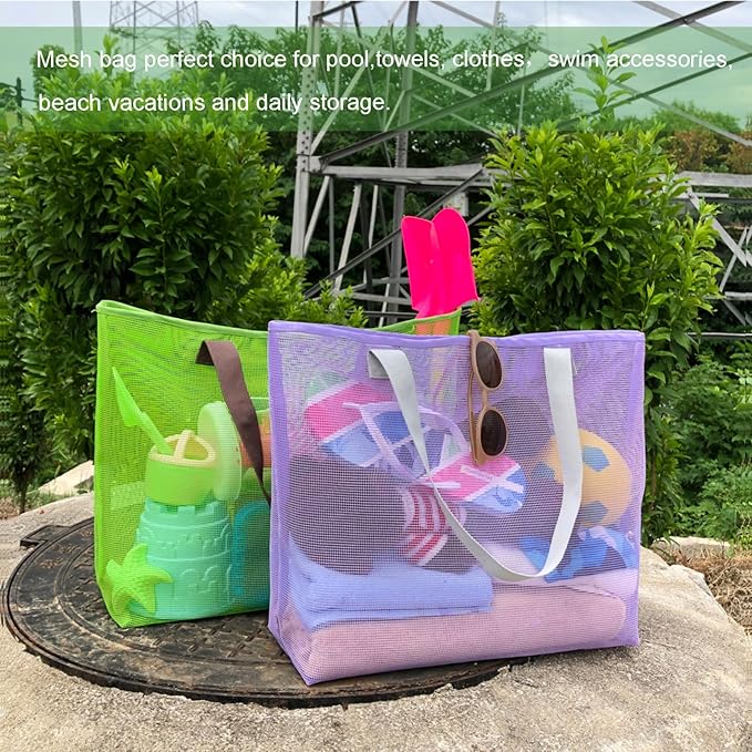 2Pack Large lightweight Simple Mesh Beach Tote Bag With snap Button Reusable Pool Bag for Outdoor Travel Shopping Gym