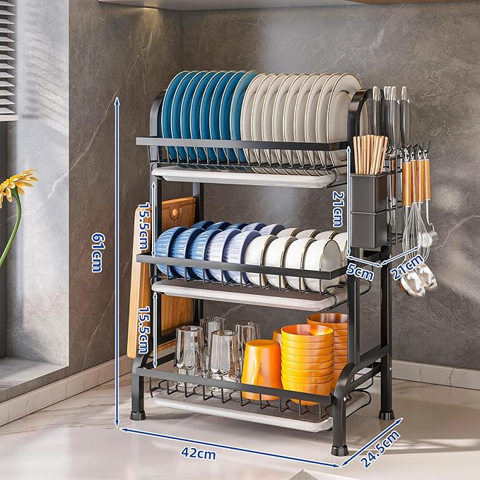 Dish Drying Rack 3 Tier Large Capacity Kitchen Dish Draining Rack Countertop Cultery Drainer with Drip Tray