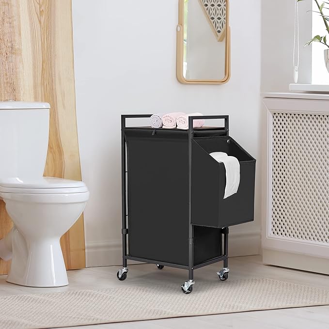 Laundry Hamper with Rustic Brown Lid & Wheels; 96L Large Rolling Laundry Basket with Removable Oxford Liner Bag; Tall Freestanding Dirty Clothes Hamper with Side Pocket; Metal Frame Laundry Cart