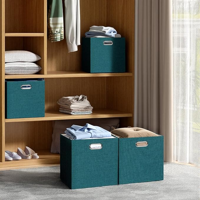 Posprica Collapsible Storage Bins,13×13 Foldable Storage Cube Boxes Fabric Drawer Fabric Storage Bins Vinyl Record Cubby Cubes with Handles for Bookcase, Closet, Shelf, Cabinet , 4 Pack
