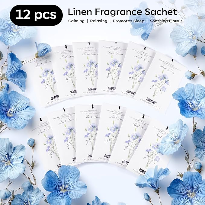 MYARO 12 Pack Fresh Linen Scented Sachets for Drawer, Closet & Car Air Freshener Bags | Odor Eliminator & Fabric Refresher | Crisp, Clean Home Fragrance Gift Set