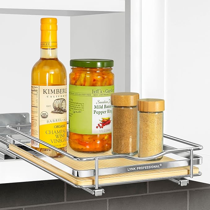 LYNK PROFESSIONAL® Élite™ Pull Out Spice Rack Organizer for Inside Kitchen Cabinets - 8-3/8 inch Wide - Slide Out Drawer – Wood/Chrome Sliding Spice Organization for cabinet - Spice Racks - 1 Tier