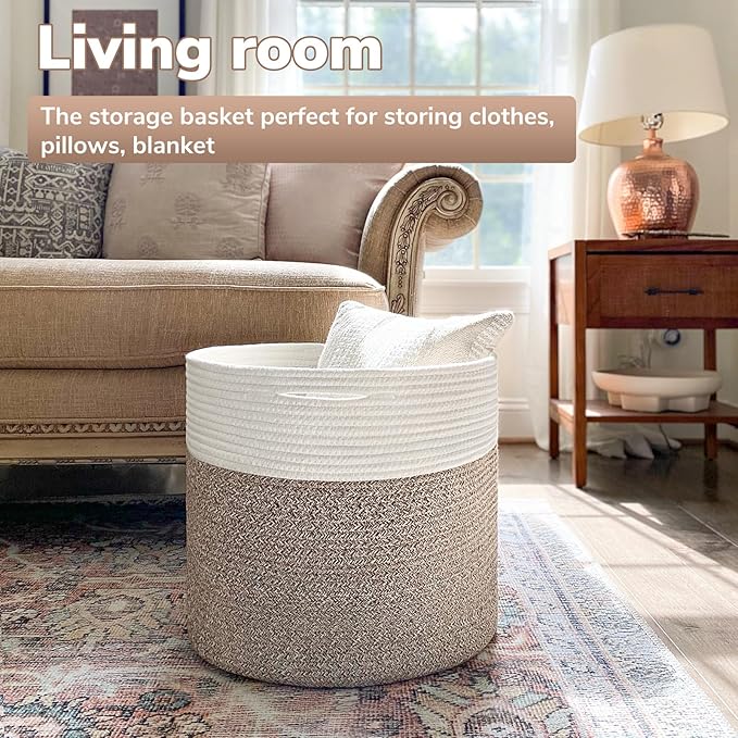 Goodpick 15.8 x 15.8 x 13.8 Inches Blanket Basket - Cotton Rope Baskets for Blankets & Toys, Nursery & Living Room Decor (Soft Material Design)