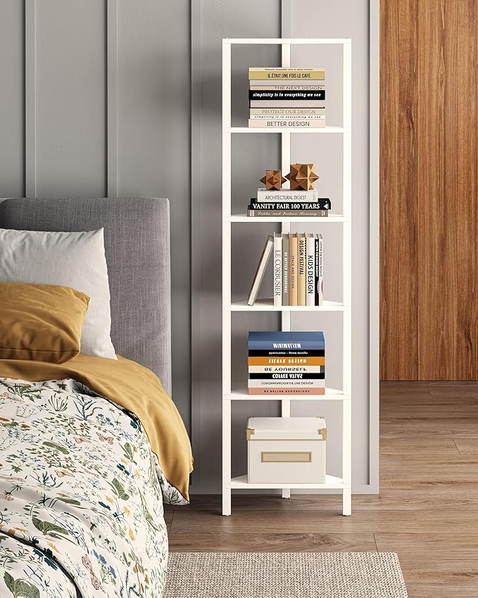 TUTOTAK 6-Tier Corner Bookshelf,Corner Shelf for Small Space, Narrow Display Corner Shelf Stand with Storage Rack, for Living Room, Bedroom, White BS05BW006