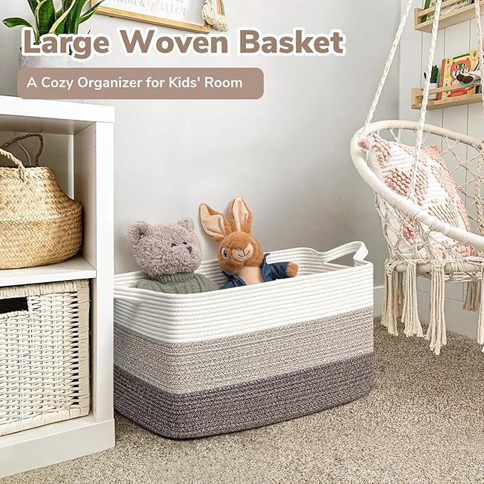 Goodpick Large Woven Storage Basket, 21.6"x14.9"x11.8", Blanket Storage for Bedroom and Living Room, Rectangle Rope Baskets for Storage, White Brown