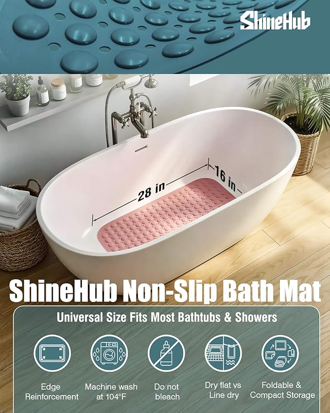 ShineHub Non-Slip Bath Mat for Tub Shower, TPE Machine Washable Bathroom Essentials with Suction Cups, Quick-Dry 28x16 inch (Dusty Blossom Pink)
