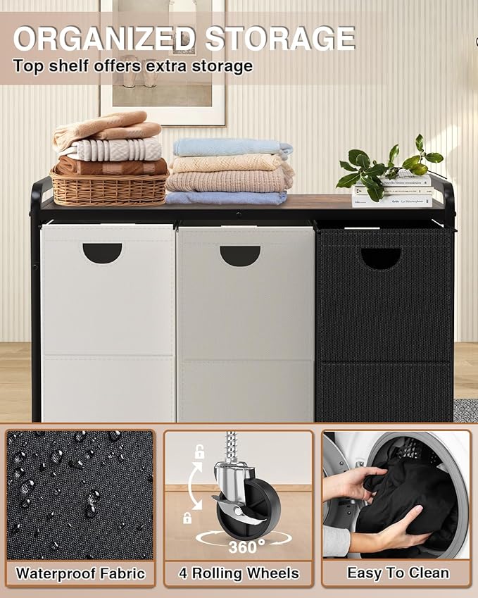 Laundry Sorter 3 Section,Laundry Basket with Wheels,3×15.8 Gal (60L) Laundry Hamper Organizer with Large Wooden Desktop Sorter,Pull-Out and Removable 900D Oxford Fabric Laundry Bags for Laundry Room