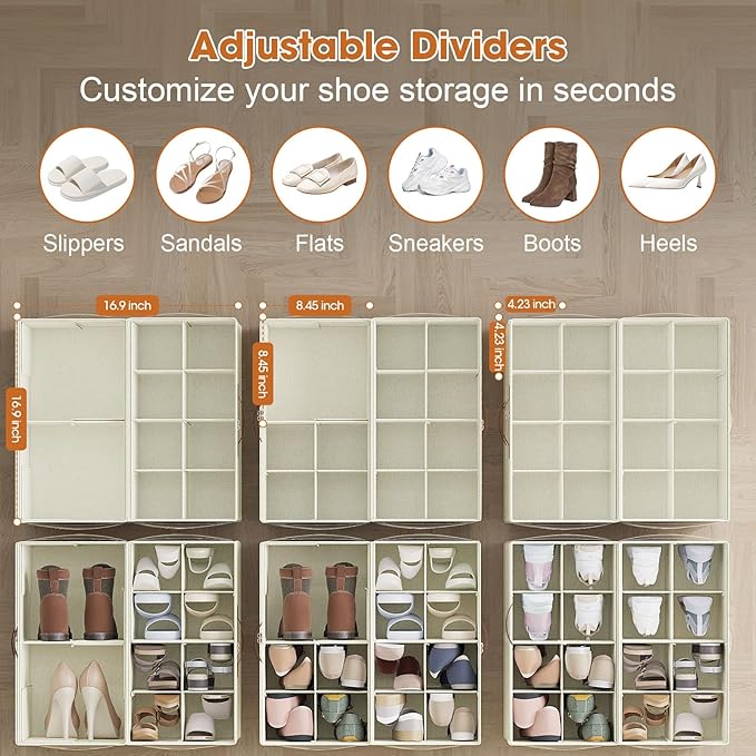 2 Pack Shoe Organizer for Closet,Foldable Shoe Storage Organizer with Adjustable Dividers, Shoe Storage Box with Clear Cover, Fits up to 16 Pairs, Beige