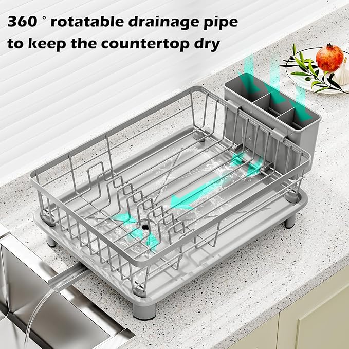 Small Dish Drying Rack, Space Saving Dish Racks for Kitchen Counter, Kitchen Organizer Dish Drainer with Cutlery Holder for Spoons and Forks, 11''W x 15''L, Gray