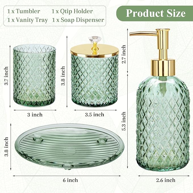 Green Bathroom Accessories 4Pcs of Glass Bathroom Counter Organizer Set,Toothbrush Holders, Soap Dispenser, Apothecary Jar, Vanity Tray, Bathroom Decor Gifts