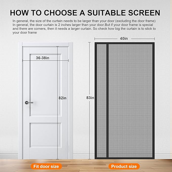 Sliding Magnetic Screen Door with Track Closure, Thicker 265g/㎡ Reinforced Mesh, Retractable Privacy Curtain, Door Screen Magnetic Closure for Sliding & French Doors (Black, 36-38 * 82IN)