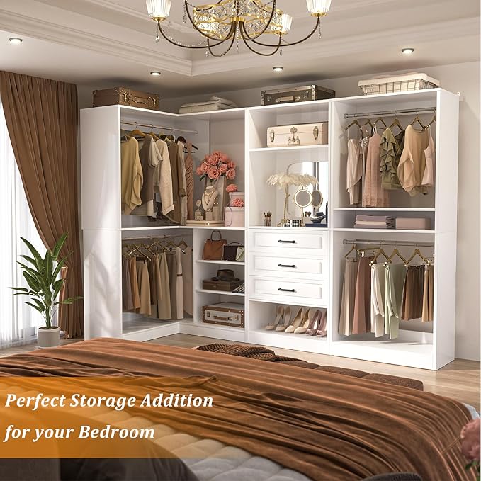 Unikito Closet System with Drawers，86” Modular Corner Closet Organizer System with Mirror，Freestanding Wood Wardrobe Organizer with Hanging Rods & Adjustable Shelves, Walk in Closet Tower, White
