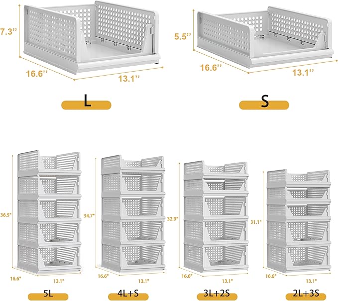 Proarea 5 Pack Stackable Plastic Storage Basket Closet Organizer Bin Foldable Clothes Organizer Storage Drawer Shelf Container for Living Room Bathroom Kitchen Office (5L)
