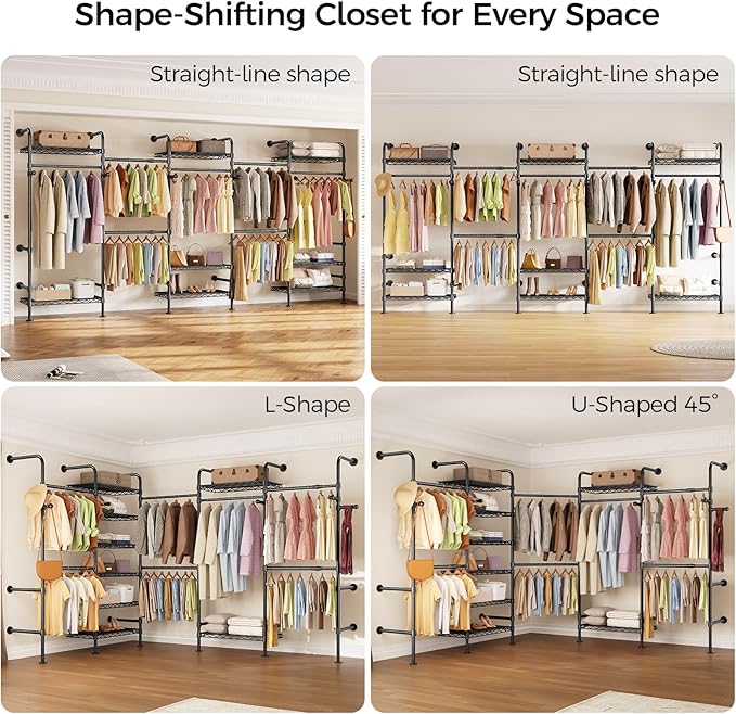 Closet Organizers and Storage, 5-Row Heavy Duty Clothes Rack for Hanging Clothes, Wall Mounted Closet System with 4 Telescopic Rods, 3 Fixed Rods, 6 Hooks, 8 Shelves for Wardrobe, Bedroom, Small Space