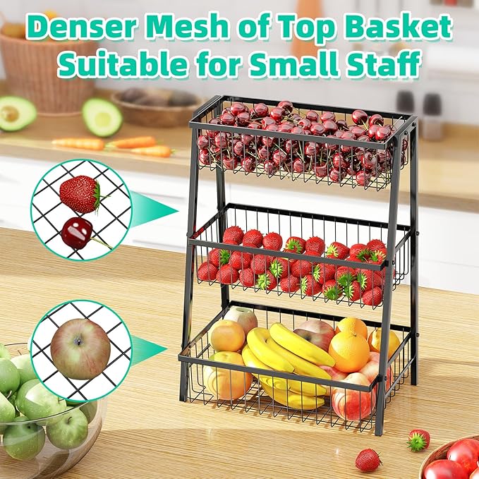 Simple Trending 3-Tier Trapezoidal Fruit Basket with 4 Banana Hooks, Extra Large Metal Wire Kitchen Organizer for Countertop - Rust-Proof for Fruits, Vegetables, Snacks, Bread Storage, Black