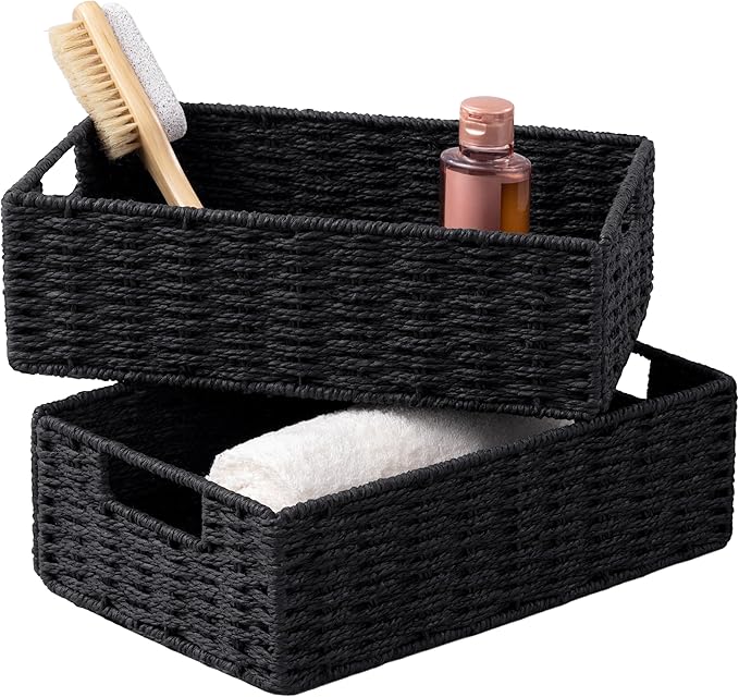 UBBCARE 2 Pack Wicker Basket, 11.5L×7.5H×3.5W inch Woven Paper Rope Storage Baskets for shelves, Foldable Rectangular Storage Baskets with Handle, Storage Basket for Organizing, Black