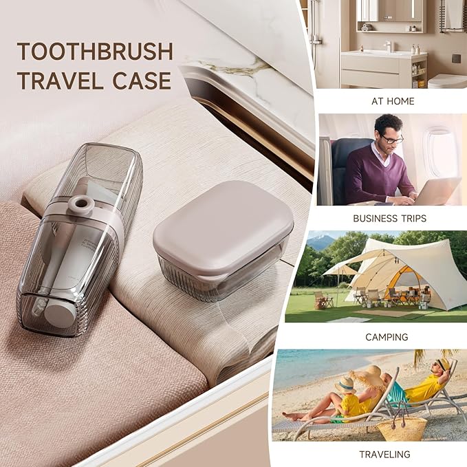 Topavatop Toothbrush Travel Case, 2 in 1 Toothbrush Holder and Rinse Cup, Large Capacity Toothbrush Cup with Cover, Portable Travel Toothbrush Holder for Traveling, Camping, Trip - 1Pcs - Beige&Clear