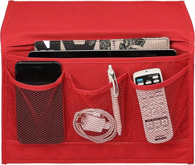 Surblue Bedside Caddy 4 Pockets Bedside Storage Organizer for TV Remote Control Phone Glasses Magazine (Red)