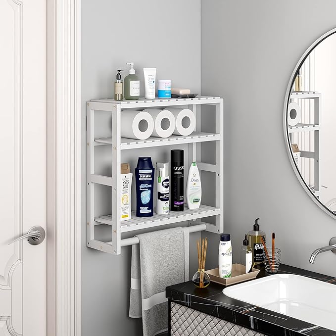 Over The Toilet Storage Bathroom Shelves Wall Mounted 3 Tier Space Saver Corner Shelf Organizer Bamboo Towel Rack Toilet Paper Cabinet with Hanging Rod White