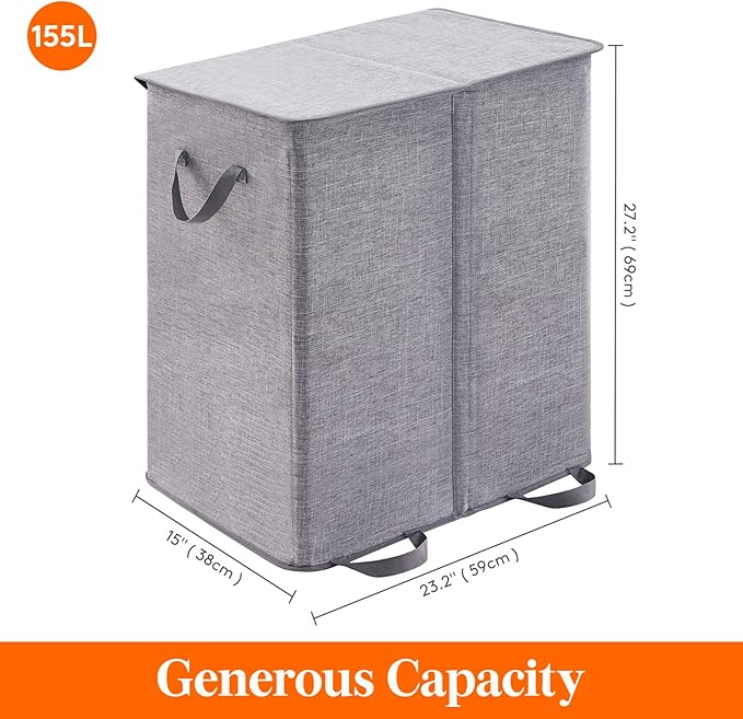 Lifewit Double Laundry Hamper with Lid and Removable Laundry Bags, Large Collapsible 2 Dividers Dirty Clothes Basket with Handles for Bedroom Laundry Room Closet Bathroom College, 155L Grey