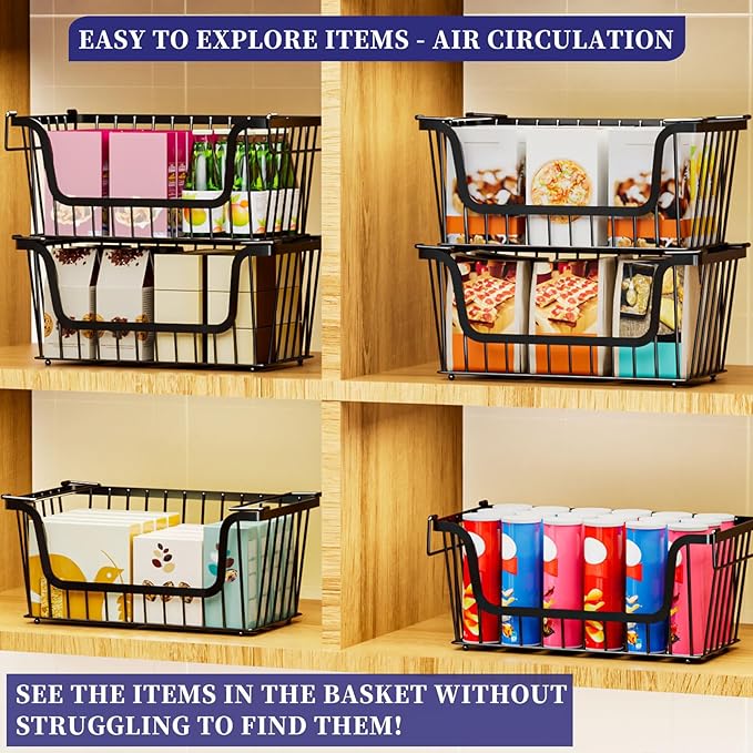 5 Pack Enhanced Leak-Proof Bottom Stackable Wire Baskets, Pantry Organizers and Storage, pantry storage，Shelf Baskets, Fruit Basket, Potato and Onion Storage Bins，(Black)